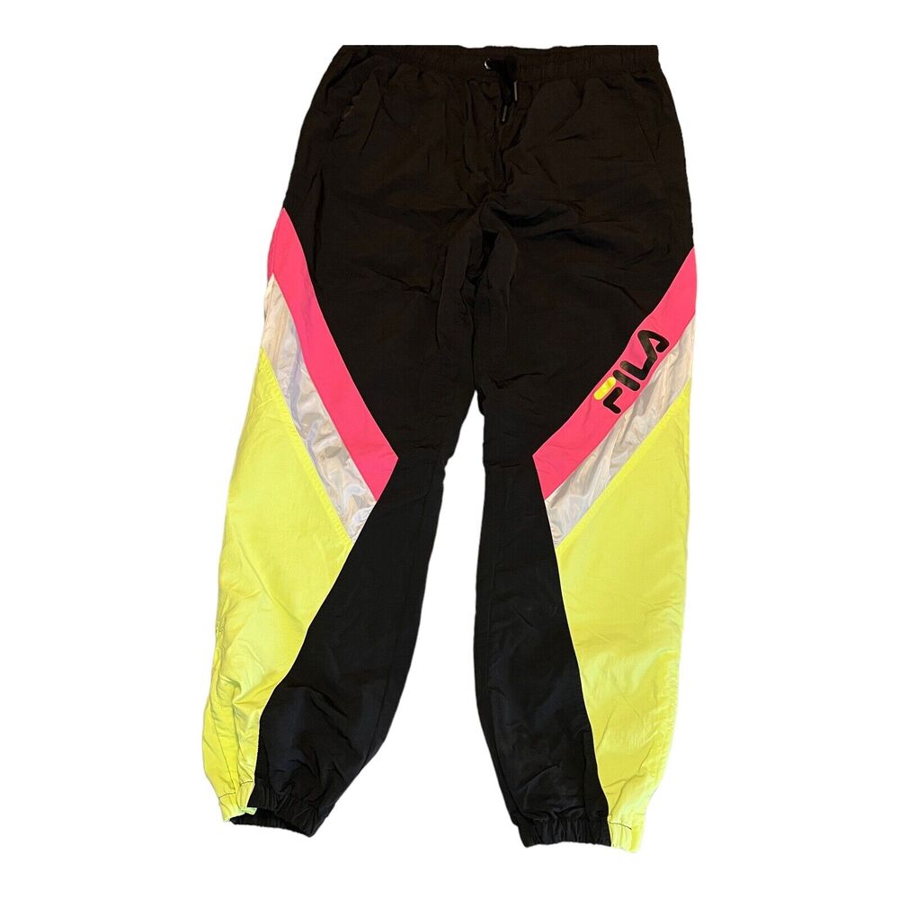 VTG FILA Womens Doroteia Wind Pants XL Track Black Yellow Pink White Design 90's - Picture 3 of 8